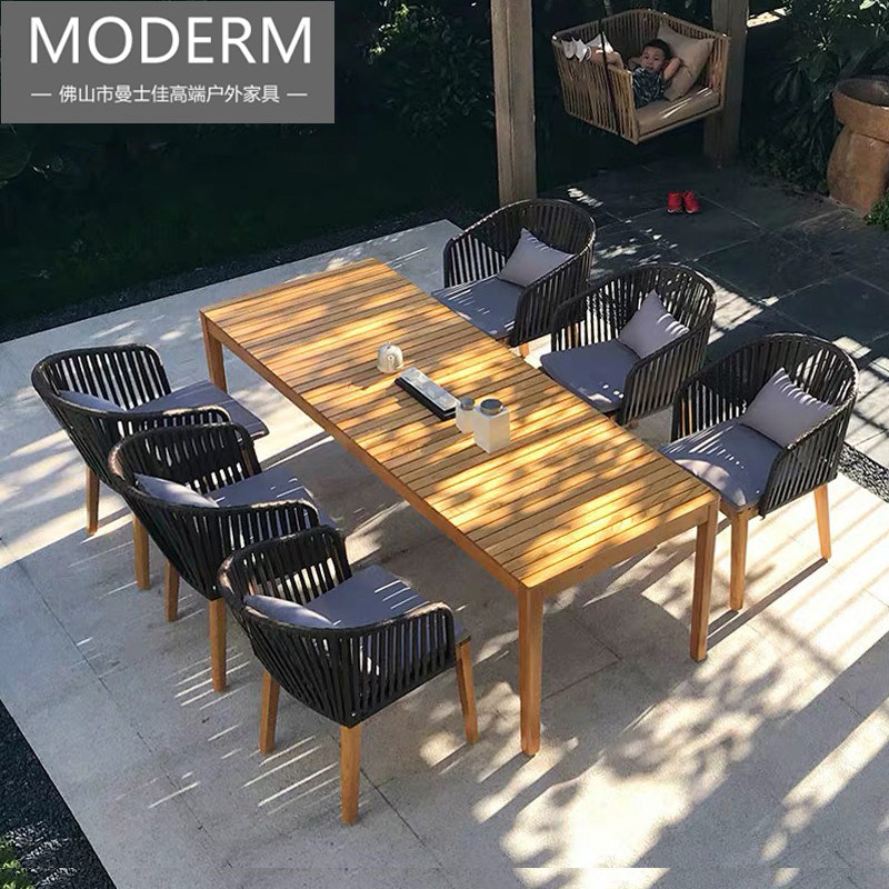 Outdoor teak table and chairs solid wood rattan choreography outdoor waterproof sunscreen Courtyard Villa Garden Terrace Embalming Wood Furniture