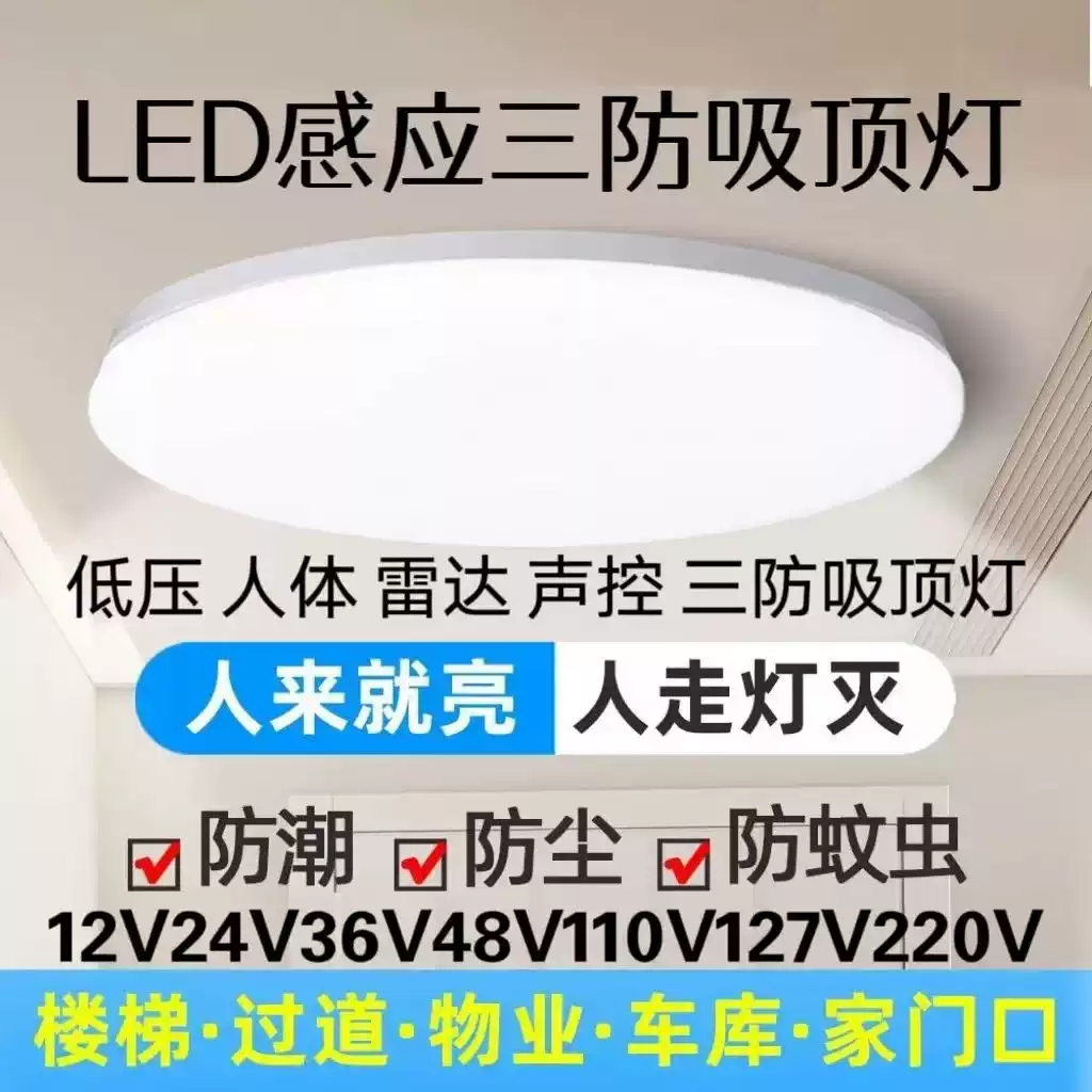 36vLED三防吸顶灯24V防潮防水声光控感应110V海外人体雷达