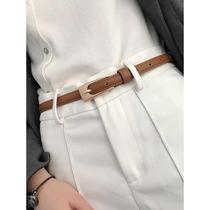 Brown leather thin belt womens decorative dress fashionable versatile skirt trousers waist small belt 2023 spring and summer