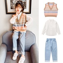 2022 new style girls spring dress fried street internet celebrity suit knitted sweater vest for big children