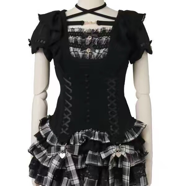 Japanese Sweet and Cute Liz Plaid Patchwork Short-Sleeve 2603 Dress and Shorts Set Japanese Sweet and Cute Liz Plaid Patchwork Short-Sleeve 2603 Dress and Shorts Set