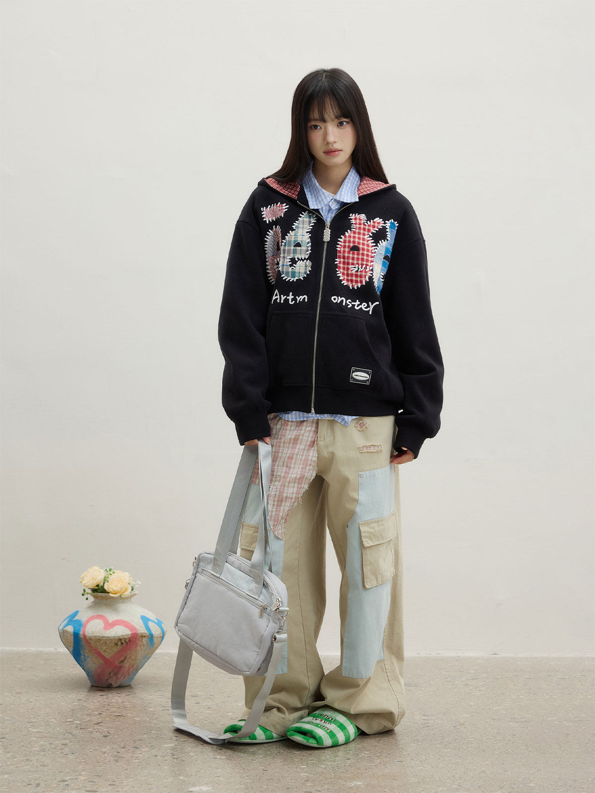 eeeeArtmonster Plaid Patch Embroidered Hoodie