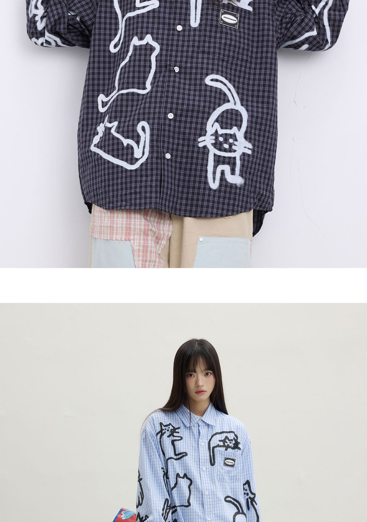 eeeeArtmonster Blue Plaid Cat Graffiti Shirt