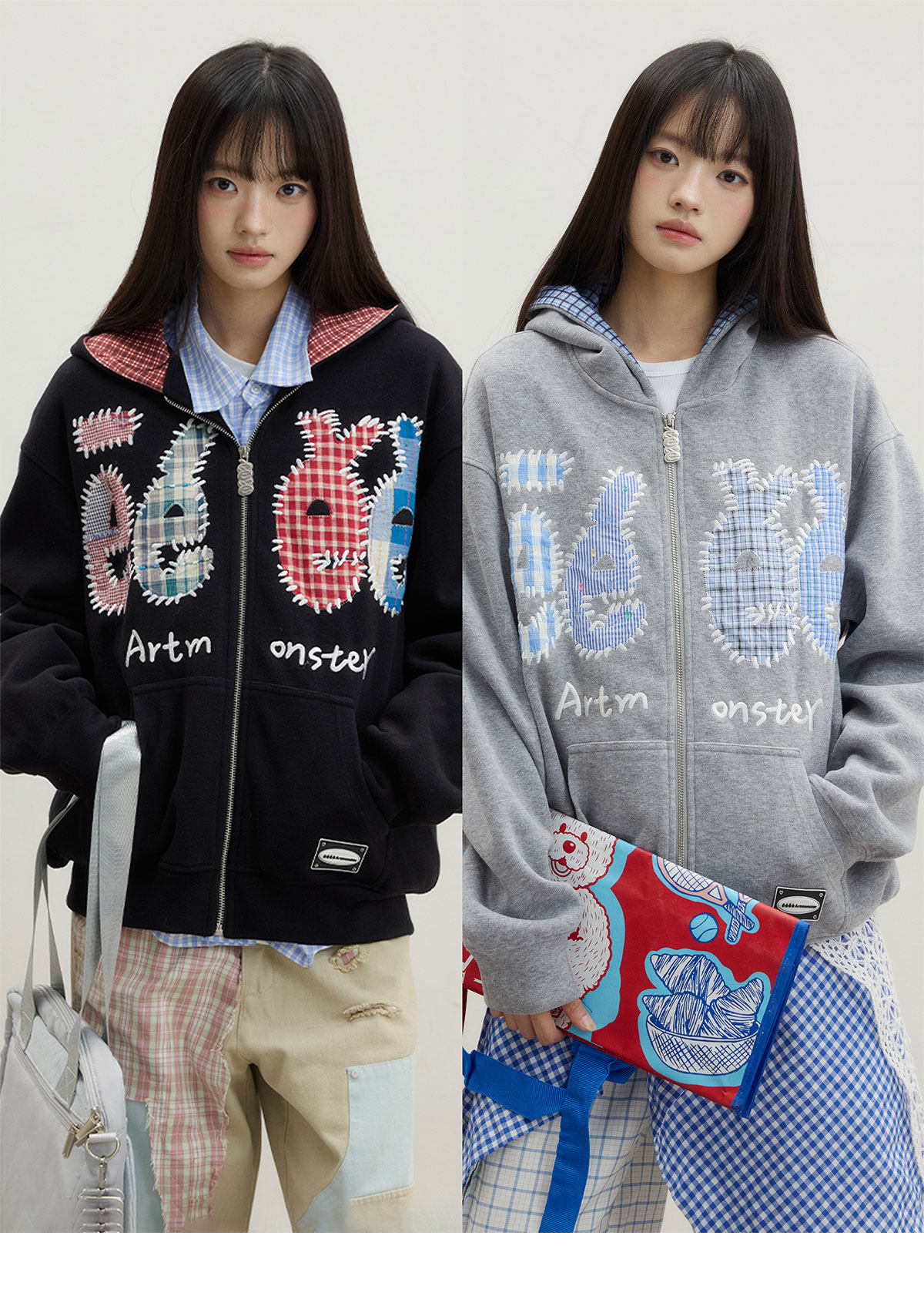 eeeeArtmonster Plaid Patch Embroidered Hoodie