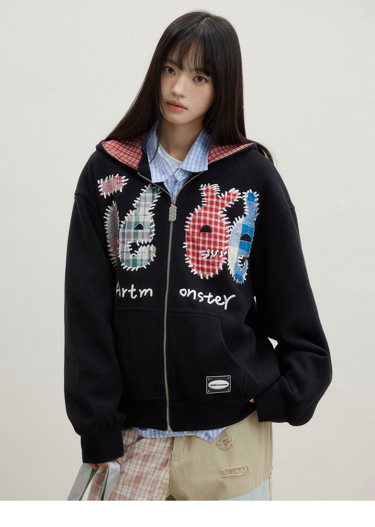 eeeeArtmonster Plaid Patch Embroidered Hoodie