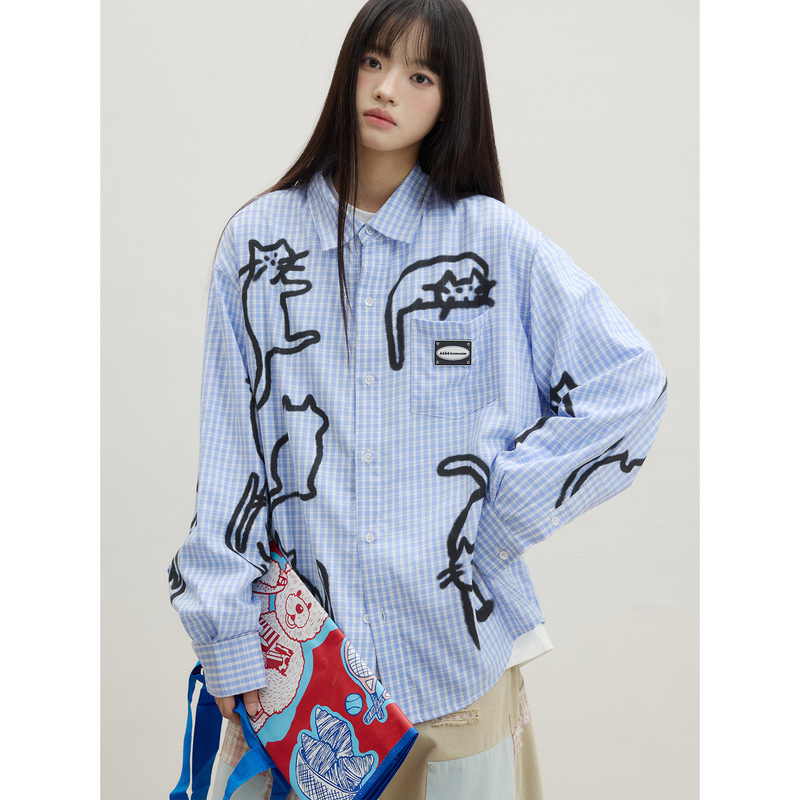 Cat House |   Eeeeee Niche Designer Hand-Drawn Cat Graffiti Shirt Blue Plaid Long-Sleeve Shirt Autumn