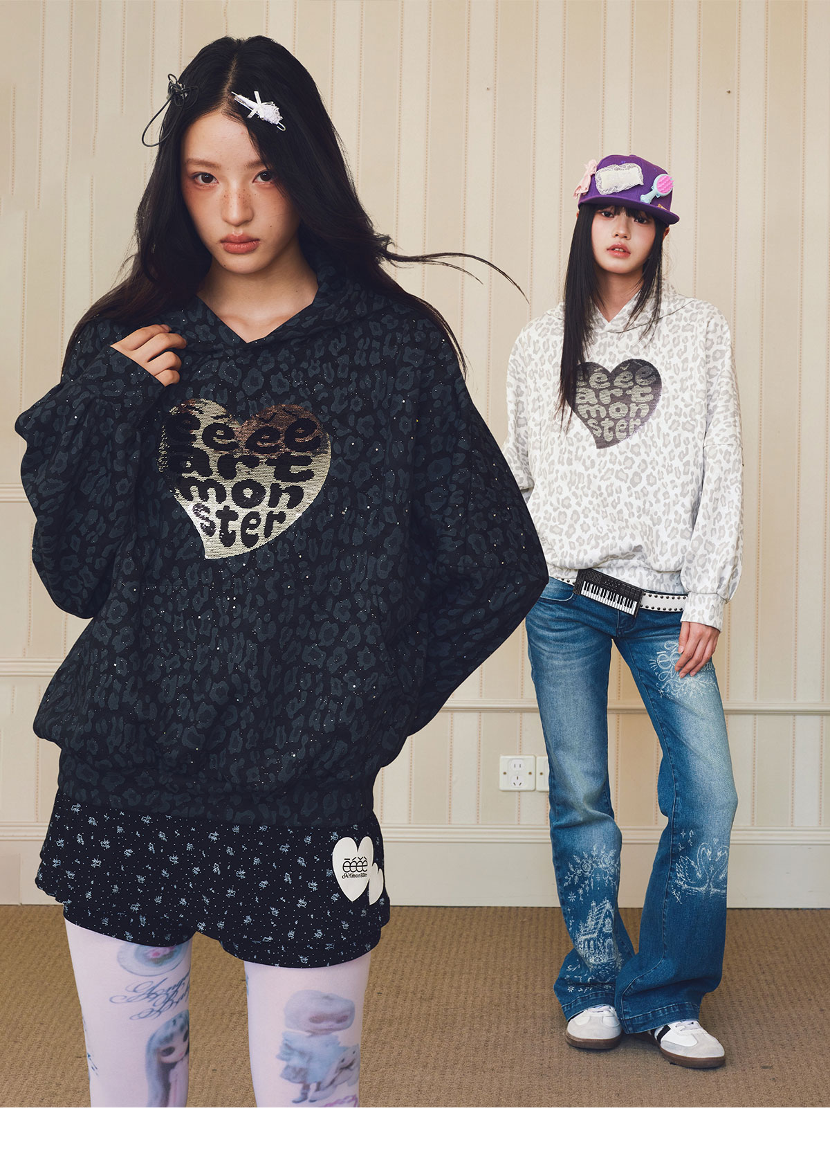 eeeeArtmonster Cat Ear Leopard Sequin Hoodie