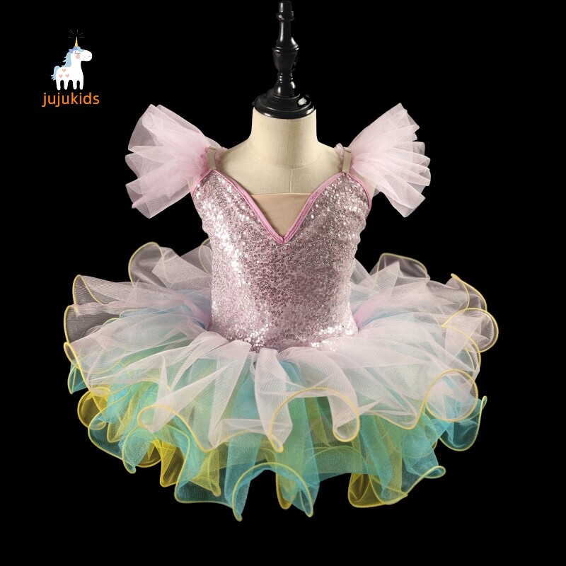 New children's sequin dance suit girl acting out fluffy dress girl modern dance gown walk show cute pink-Taobao