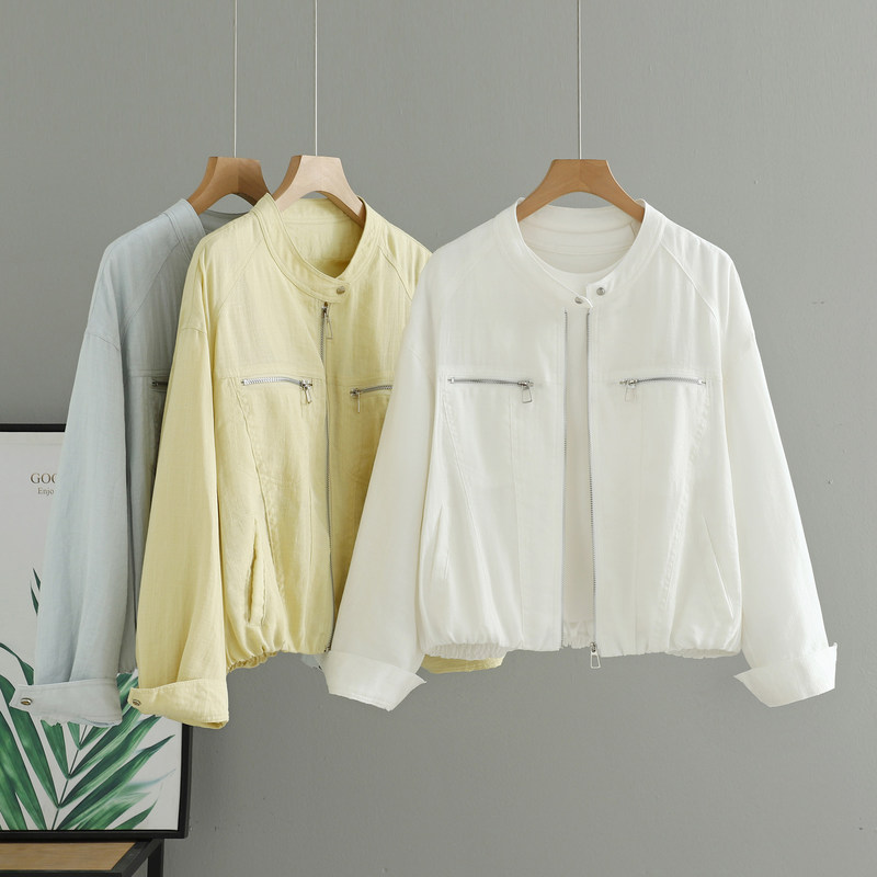 Short Stand-Up Collar Linen Jacket Sun Protection Clothing for Women Spring and Summer New Korean Style Loose Versatile Casual Jacket Top Trendy