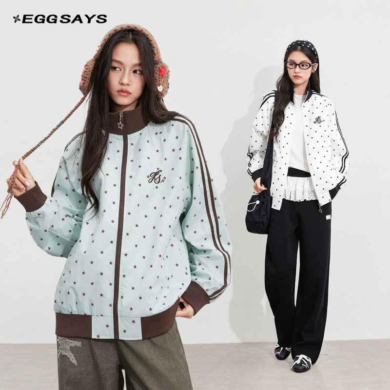 Eggsays Early Autumn Star Woven Jacket Women's American Retro Three-Stripe Loose Stand-Up Collar Casual Sports Jacket Eggsays Early Autumn Star Woven Jacket Women's American Retro Three-Stripe Loose Stand-Up Collar Casual Sports Jacket