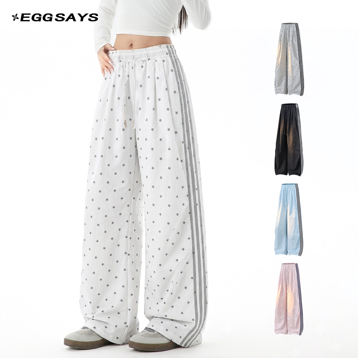 EGGSAYS满印星星休闲裤女夏季宽松直筒运动风长裤显瘦百搭阔腿裤