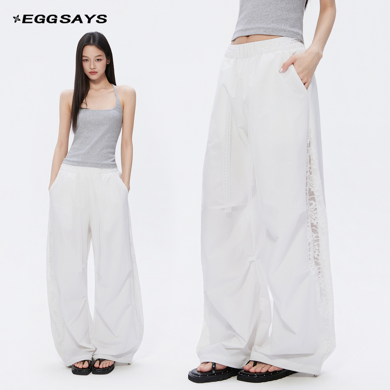 Eggsays Women's Summer Thin White Lace Hollow-Out Wide-Leg Pants Basic Loose Casual Pants