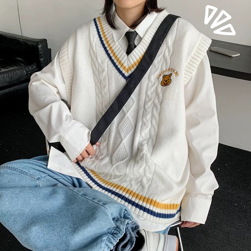Extra Large Size 150kg College Style Color-Blocked V-Neck Sweater for Men and Women, Spring and Autumn Knit Vest, Sleeveless Inner Layer Vest