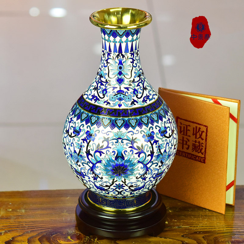 北京景泰蓝花瓶12英寸丁明鸿吉庆瓶铜胎掐丝缠枝莲纹摆件-Taobao-Tmall