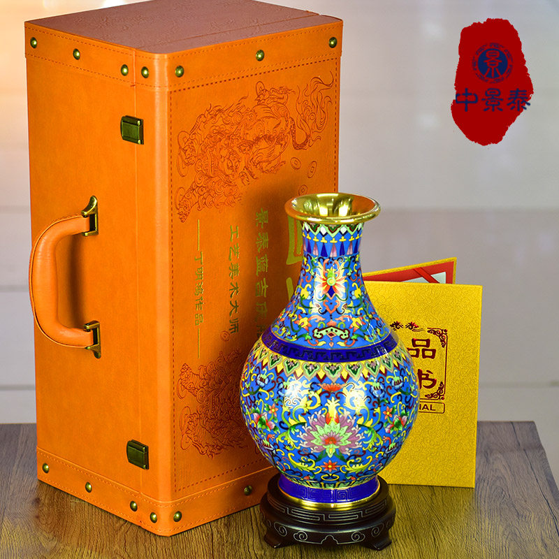北京景泰蓝花瓶12英寸丁明鸿吉庆瓶铜胎掐丝缠枝莲纹摆件-Taobao-Tmall
