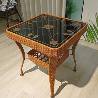 Rattan small square table balcony small coffee table mini tea table bedroom side table storage small table tempered glass tea table