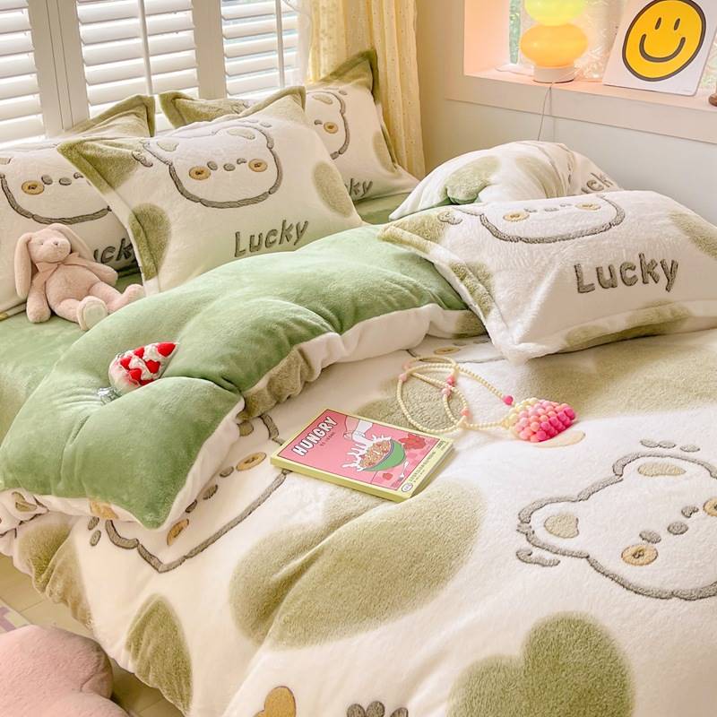 Thickened Milk Suede Four Pieces Winter Coral Suede Double Sided Dorm Bed Linen Quilt Cover Flannel Flannel With Three Sets-Taobao