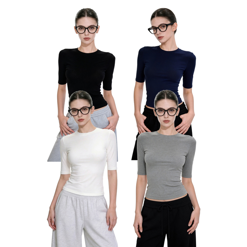 Apsier Mid-Sleeve Round Neck Tight-Fitting T-Shirt for Women, Summer Hot Girl Style, Regular Shoulder, Slim Fit, Short-Sleeve, High-Elasticity Base Top