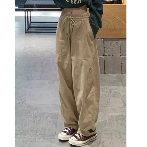 Хаки штаны для отдыха, для формы тела «груша», высокая талия, свободный прямой крой, большой размер