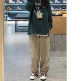 Хаки штаны для отдыха, для формы тела «груша», высокая талия, свободный прямой крой, большой размер