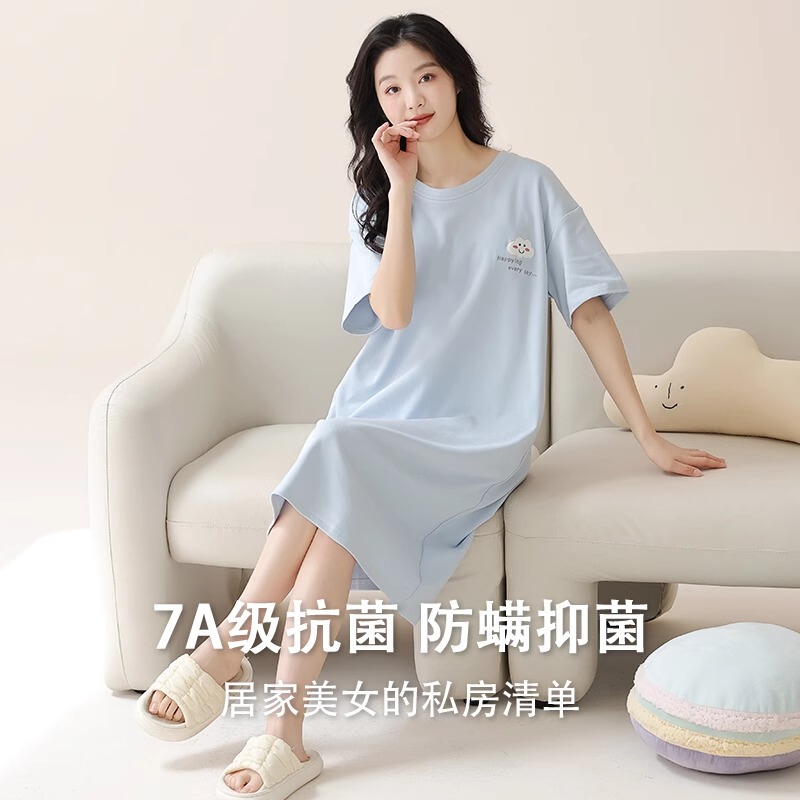 【7A Antibacterial】Woodpecker Nightgown Summer Women's Pure Cotton Short-Sleeve Dress Loose Thin Mid-Length Nightgown 【7A Antibacterial】Woodpecker Nightgown Summer Women's Pure Cotton Short-Sleeve Dress Loose Thin Mid-Length Nightgown