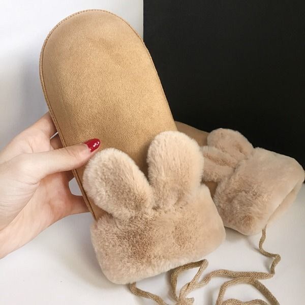 Gloves winter ladies Korean cute suede with fingers hanging neck student cycling plus velvet padded warm cotton gloves