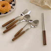 Unveiling Chicken Wings Wood Chopsticks Western Dining Cutlery Suit Wood Spoon Steak Knife Fork Stainless Steel Western Dining Knife Wood Handle Knife Fork