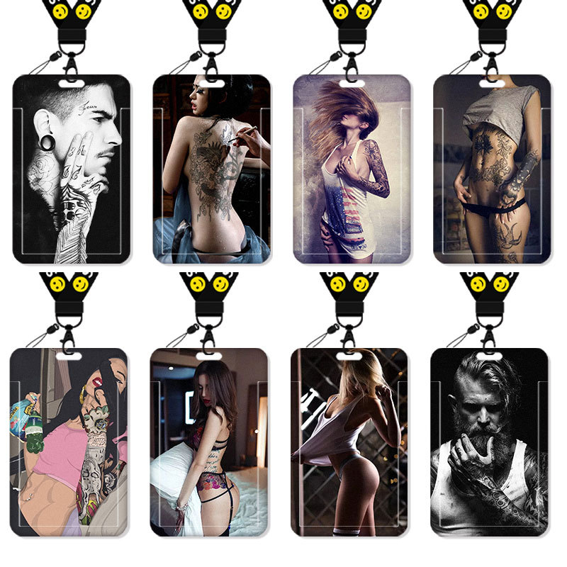 Tattoo Art Card Holder for Meal Cards, Student Bus Cards, Campus Cards, Work Badges, European and American Style for Men and Women, Minimalist Style School Badge, Transportation Card with Lanyard, Neck Strap, Id Holder, Work Badge, Work Card, Bus Pass, Factory Badge