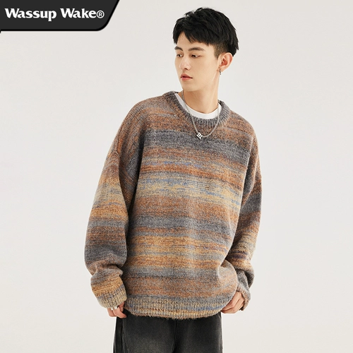 Ретро демисезонный трикотажный свитер, в американском стиле, градиент, оверсайз