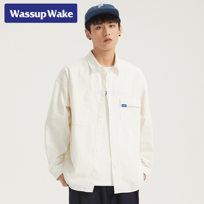 Wassup wake long sleeve shirt men's tide brand ins personality handsome spring Japanese casual shirt cotton coat
