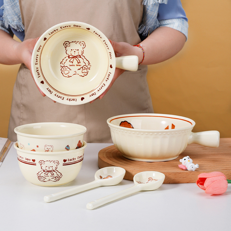 Ceramic Bowl with Handle, Cute Household Rice Bowl, Cream-Colored Tableware, Noodle Bowl, Korean Style, High Aesthetic Value