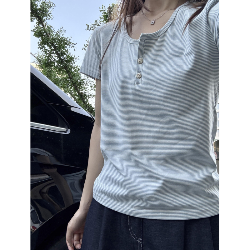 Korean Retro Henry Collar Button-Up Short-Sleeve T-Shirt for Women, Summer Casual Versatile Bm Style Color-Block Striped Top
