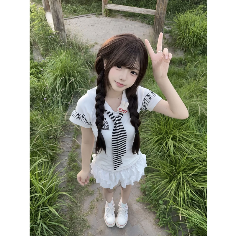 Academy-Style Cute Rabbit Shawl Navy Collar Short-Sleeve T-Shirt for Women, Summer Slim-Fit Sweet Youthful Cute Top Academy-Style Cute Rabbit Shawl Navy Collar Short-Sleeve T-Shirt for Women, Summer Slim-Fit Sweet Youthful Cute Top