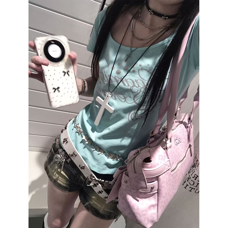 Light Millennium Style Wing Print U-Neck Short Sleeve T-Shirt for Women, Summer Slim Fit, Y2K Sweet and Spicy Girl Off-Shoulder Top Light Millennium Style Wing Print U-Neck Short Sleeve T-Shirt for Women, Summer Slim Fit, Y2K Sweet and Spicy Girl Off-Shoulder Top