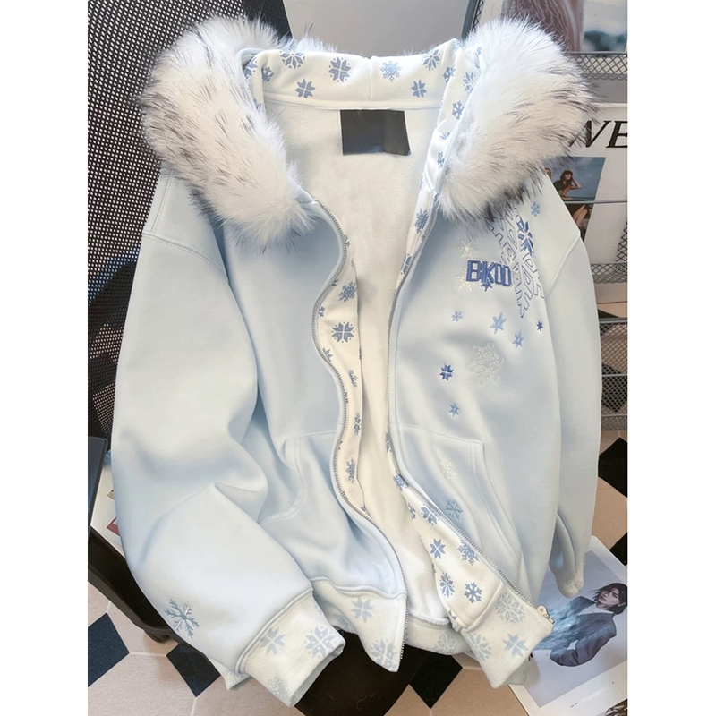Designed with Snowflake Embroidery, Fur Collar, Hooded Sweatshirt for Women, Autumn and Winter, Fleece-Lined, Thickened, Loose, Casual, Warm, Student Jacket