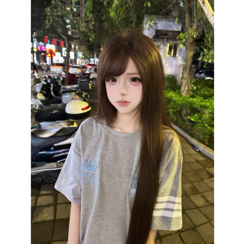 American-Style Badge Striped Letter Embroidery Short-Sleeve T-Shirt for Women, Summer Loose Oversized College Style Half-Sleeve Top