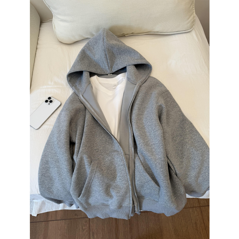 Casual Korean-Style Gray Hooded Zip-Up Sweatshirt for Women, Autumn 2026 New Sports Casual Cardigan Heavy Jacket