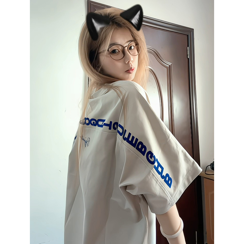 Chinese Trendy Brand American High Street Letter Embroidery Short-Sleeve T-Shirt for Women, Summer Lazy Style Batwing Sleeve Loose Couple Top