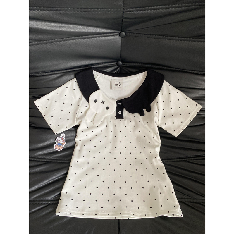 Sweet and Cute Polka Dot All-Over Print Rabbit Lapel Short-Sleeve T-Shirt for Women, Summer Waist-Cinching Slimming Korean Style Regular Shoulder Top Sweet and Cute Polka Dot All-Over Print Rabbit Lapel Short-Sleeve T-Shirt for Women, Summer Waist-Cinching Slimming Korean Style Regular Shoulder Top