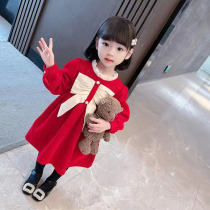 Girls winter fleece long-sleeved dress 2022 new foreign style girl treasure childrens small fragrance skirt thickened princess skirt