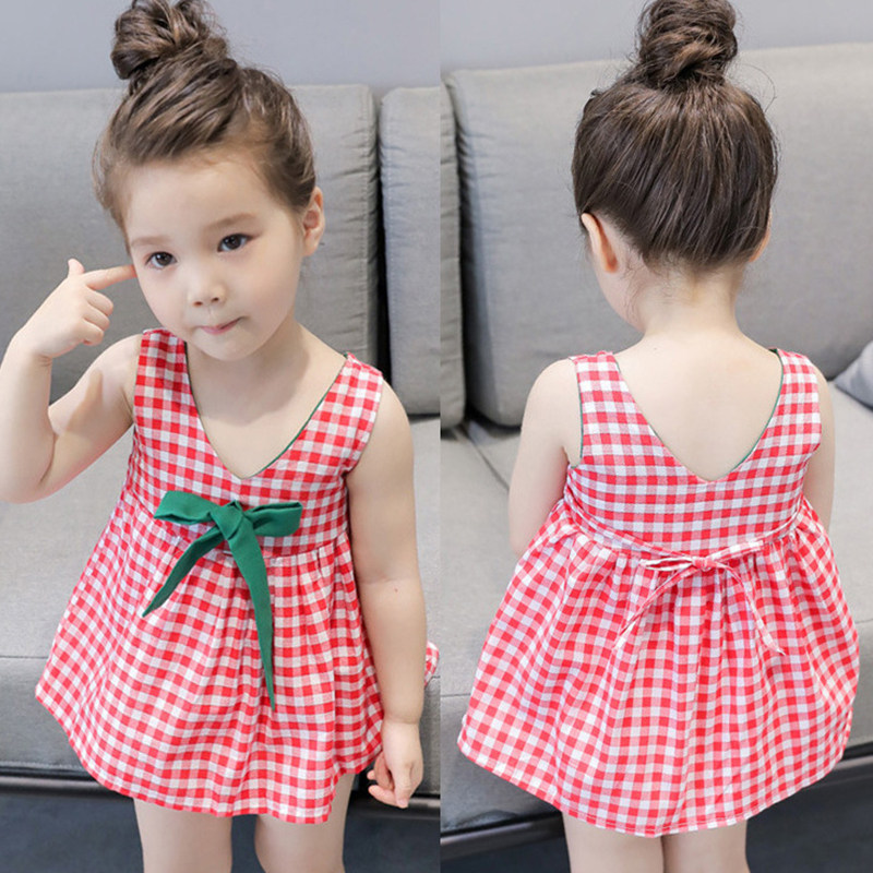 Girls summer foreign style cotton vest skirt Korean version of the little girl plaid skirt baby children's sleeveless dress thin section