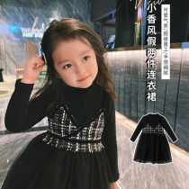 Girls autumn long-sleeved small fragrance dress Western style little black dress new Korean version girl childrens gauze dress dress skirt