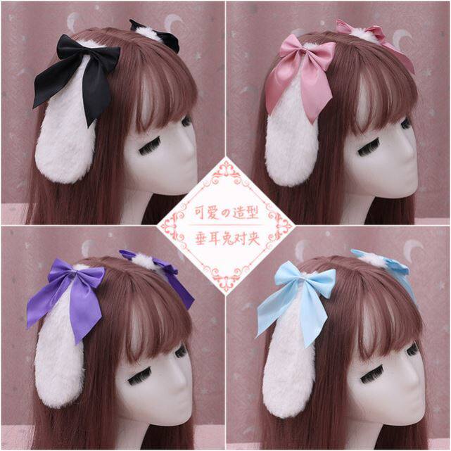 lolita soft girl cute plush coeared rabbit ear headwear butterfly knot side clip to clip lo lady roletta hair clip