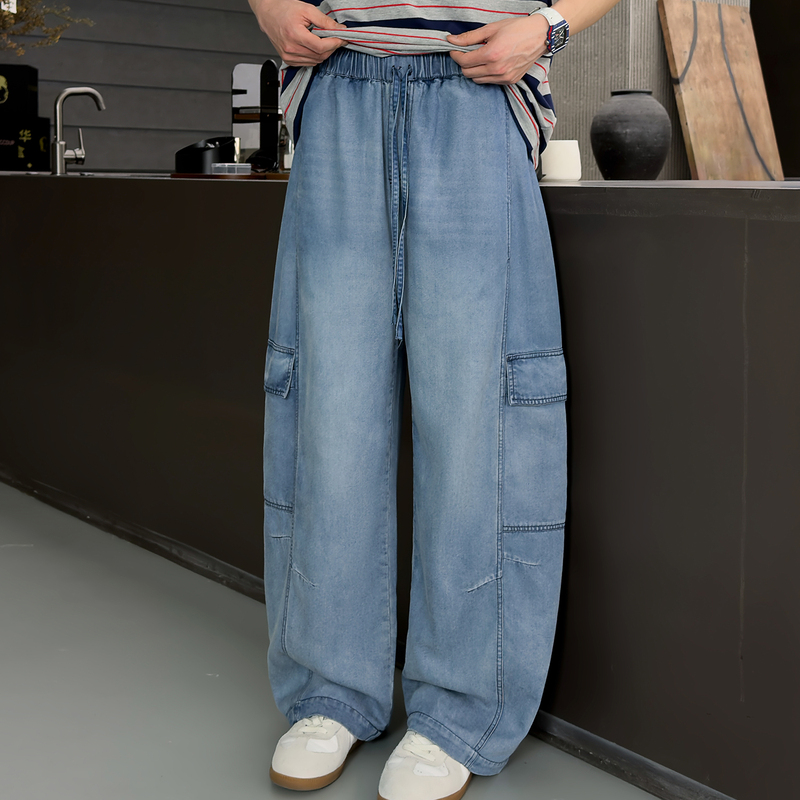 Ameri-Style Thin Men's Workwear Jeans, Three-Dimensional Loose Fit, Washed Light Color, Versatile Retro Casual Pants