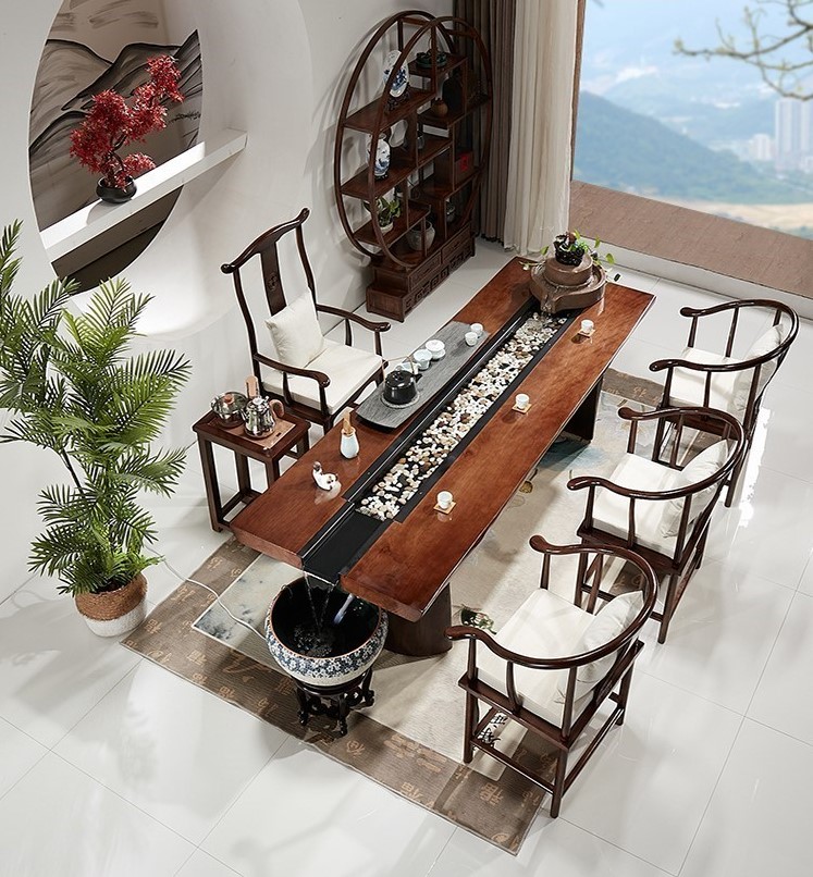 New Chinese solid wood tea table and chairs Zen great board tea table flowing water peefish creative landscape tea table and chairs combination