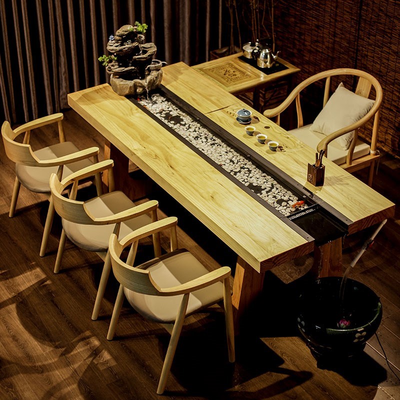 Chinese solid wood running water tea table and chairs combined creative fish culture landscape integrated tea table and chairs Zen Kung Fu Tai board tea table 