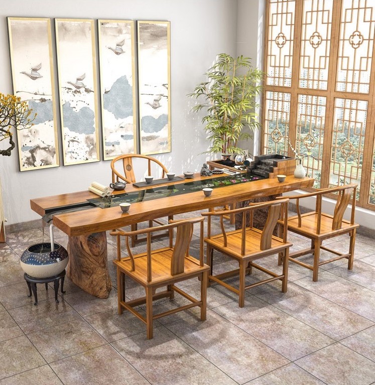 New Chinese antique solid wood Kung Fu tea table and chair combination circulating flow hydroponic fish ecological landscape tea table tea table and chair