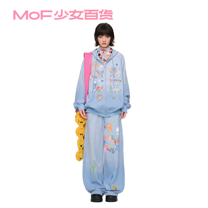 Mof Girls' Department Store Huang Cancan's Same Style Blue Graffiti Print Light Sports Suit New Sweatshirt and Sweatpants Set