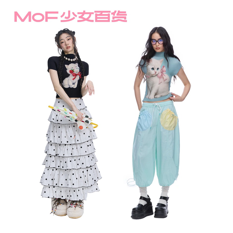 Mof Girls' Department Store Tian Xiwai's Same Style Graffiti Pleated Shirt, Summer Playful Print, Slimming, Regular Shoulder Short-Sleeve T-Shirt