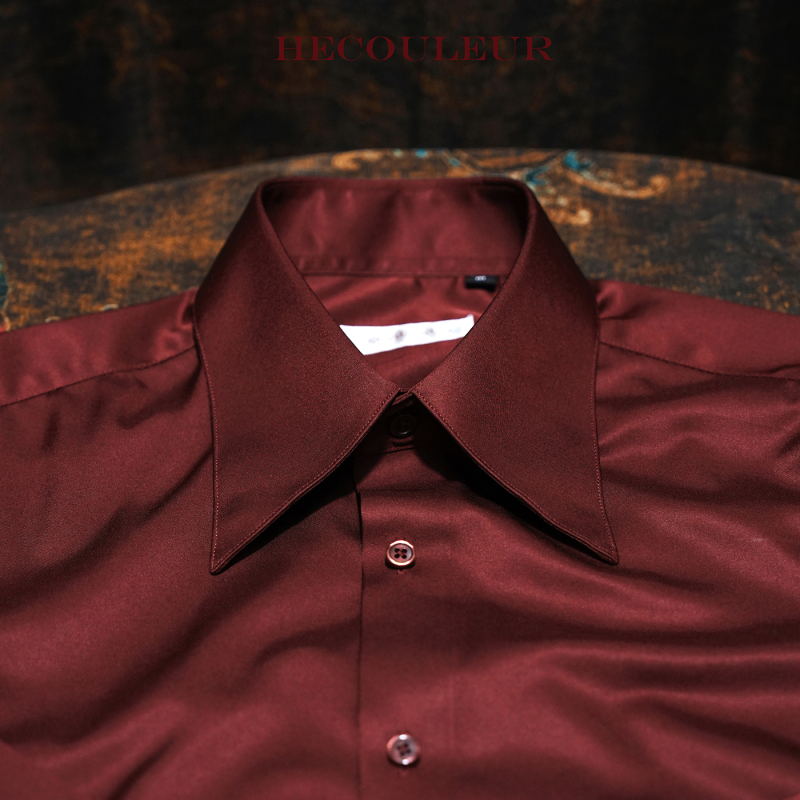 Hecouleur Light Luxury Mercerized High-End Burgundy Wrinkle-Resistant Long-Sleeve Shirt with Pointed Collar for Gentlemen's Business Style